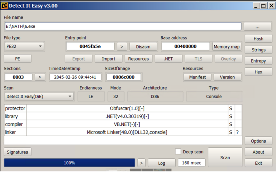 The properties of the binary file of HavanaCrypt as shown in the Detect It Easy tool, a program used to determine file types