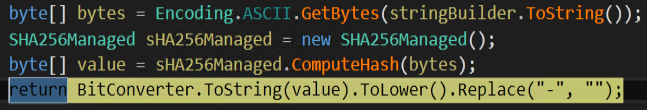 HavanaCrypt converting its gathered machine information into a SHA-256 hash