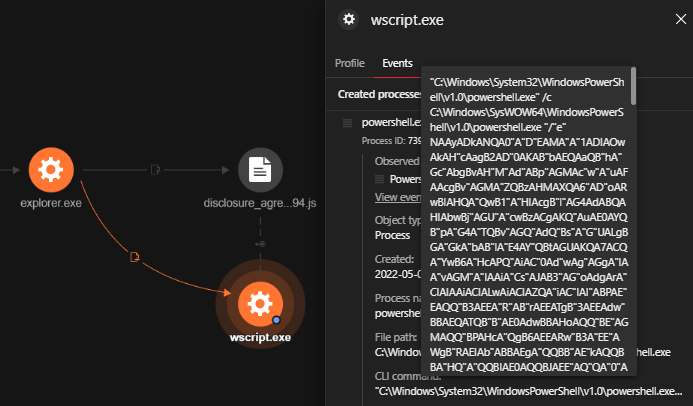 Figure 6. Obfuscated PowerShell Script spawned through the .js file