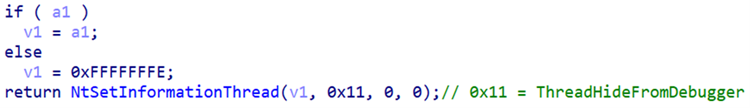 Figure 13. ThreadHideFromDebugger via NtSetThreatInformation