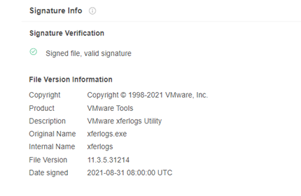 Figure 2. VMwareXferlog.exe signature information