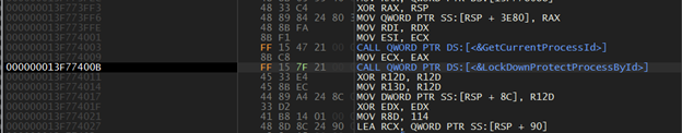 Figure 4. Execution flow transferred to malicious LockDown.DLL via calling the LockDownProtectProcessById function