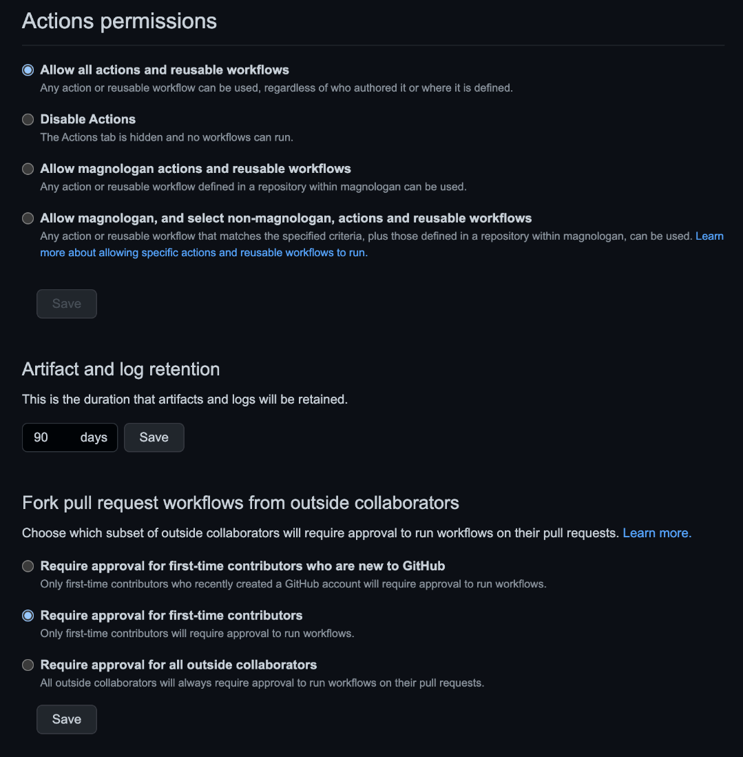 Figure 10. GitHub Actions settings and permissions for each repository on GitHub.com 