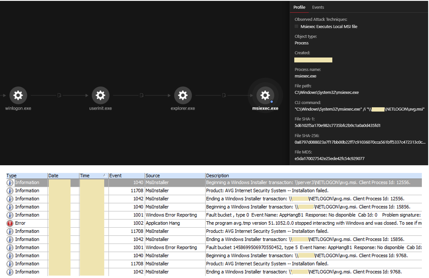 Figure 7. Manual installation of avg.msi failing