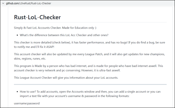 Figure 3. Details about the fraudulent League of Legends account checker posted on Github 