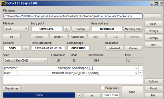 Figure 5. File properties of Rust LoL Accounts Checker.exe found using Detect It Easy 