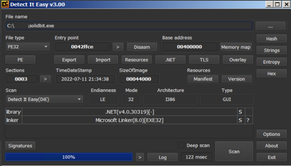 Figure 7. Properties of the binary using Detect It Easy Tool 