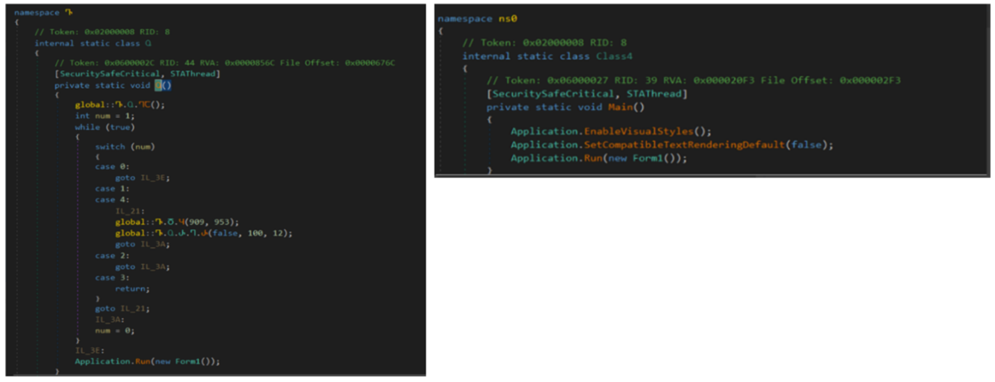 Figure 8. A comparison of the file before (left) and after (right) it was deobfuscated using de4dot 