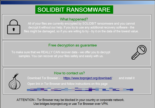 Figure 18. The pop-up window that SolidBit ransomware shows on the victim’s screen 