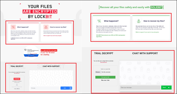 Figure 19. Similarities between the chat support sites of LockBit (left) and SolidBit (right) 
