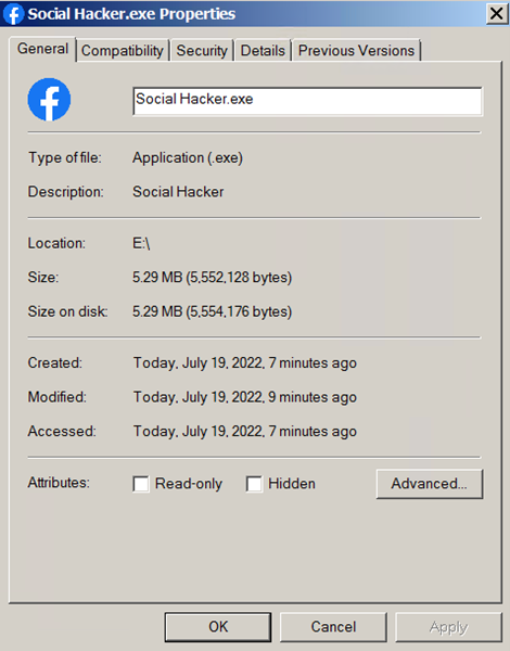 Figure 23. File properties of the new SolidBit ransomware variant disguised as an application named Social Hacker 