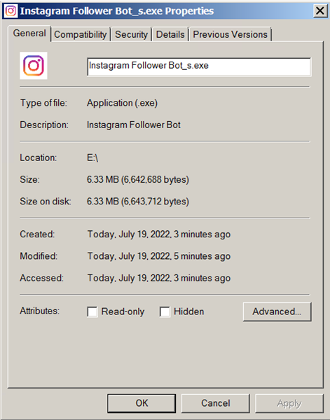 Figure 24. File properties of the new SolidBit ransomware variant disguised as an application called Instagram Follower Bot 