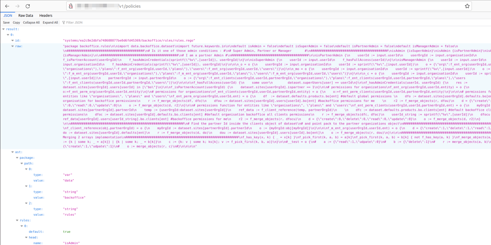 Accessing the list policies (/v1/policies) endpoint from the exposed OPA server to list all the available policies 