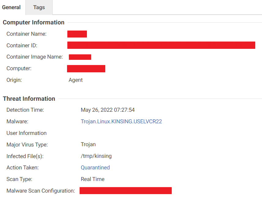 AM event of Kinsing malware detection 