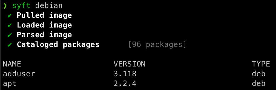 Bild 1. Eine Paketliste aus dem offiziellen öffentlichen Image von Debian, die mit Syft erstellt wurde. Man beachte, dass mehr Pakete aufgelistet sind.