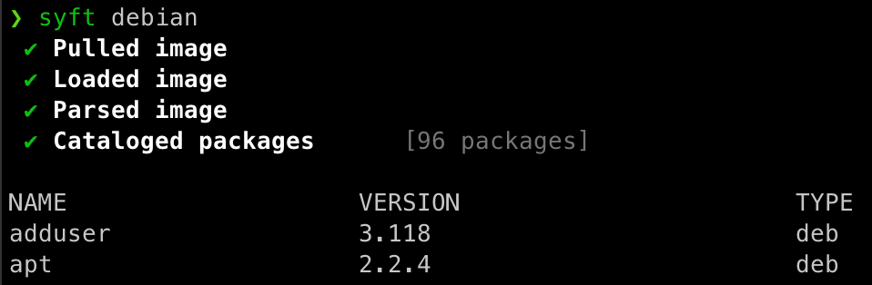 Figure 1. A package list from the official public image of Debian generated using Syft; note that more packages are listed.