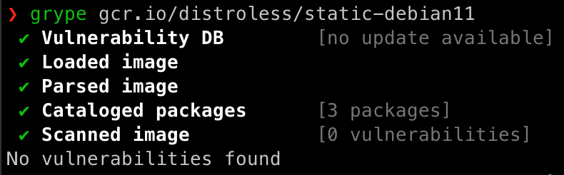 Figure 7. A sample of Google’s Distroless Debian image analysed using Grype, highlighting the low number of packages and vulnerabilities