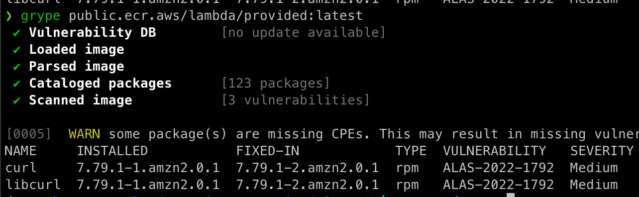 Figure 9. A sample of a base image that AWS provides which allows users to create their own analysed using Grype, highlighting the high number of package and few vulnerabilities