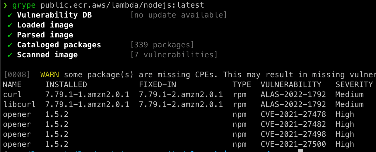 Figure 11. A sample of AWS base images found on an AWS node base image with many pre-installed packages and few high-severity vulnerabilities analyzed using Grype 