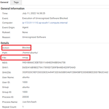 Figure 18. The corresponding event on Cloud One Workload Security, where we see that the “nmap” binary was blocked from being executed