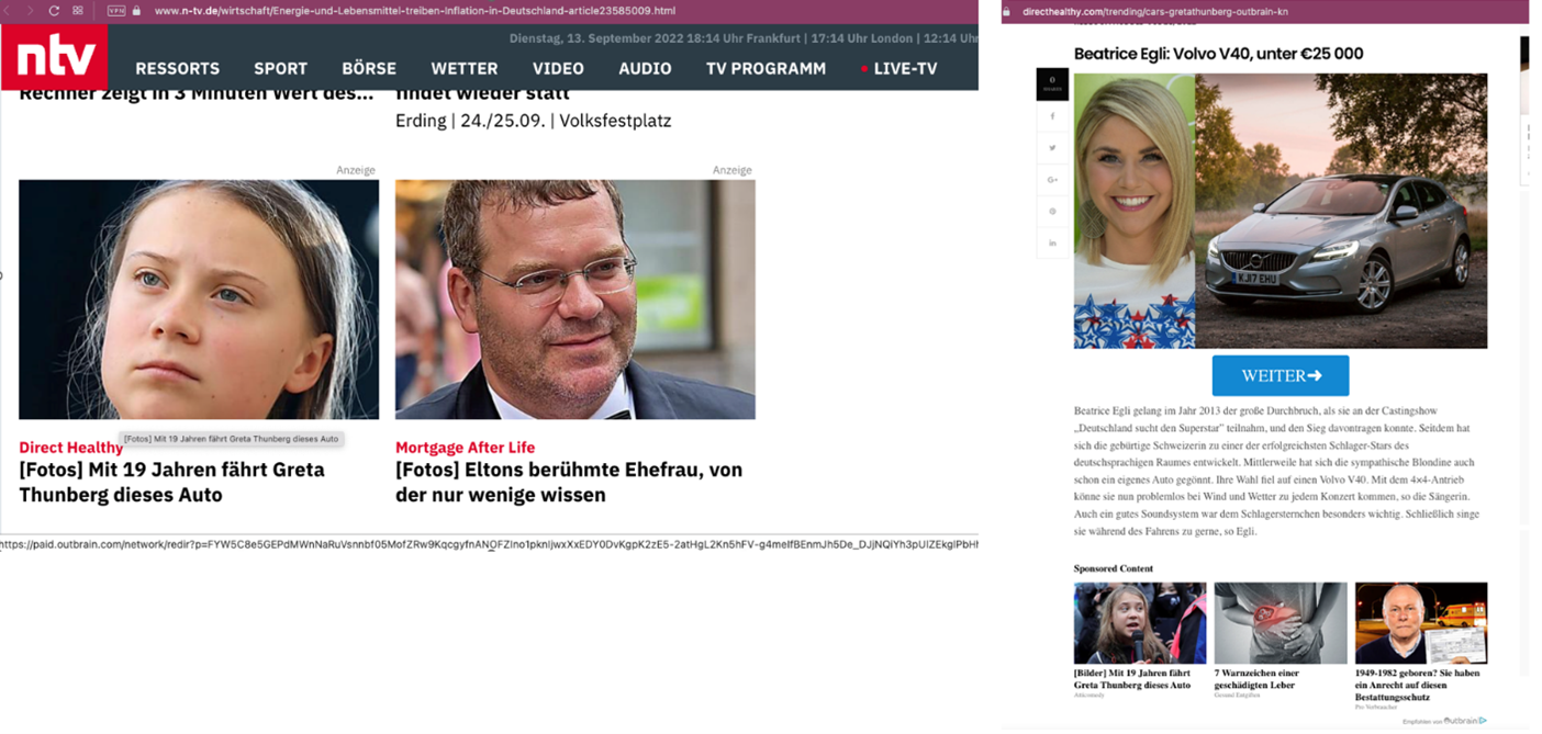 Bild 1. Screenshot einer Anzeige auf der N-TV-Seite und eine Autowerbung, die dargestellt wird, wenn der Nutzer den Link anklickt