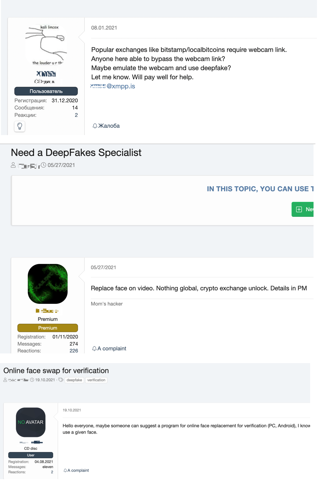 Figure 5. Underground forum users looking for a deepfake specialist to help them with video face swapping