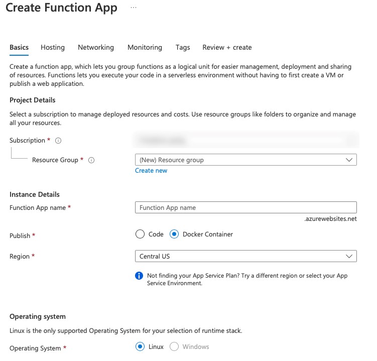 Figure 2. Creating Azure Function with custom Docker container