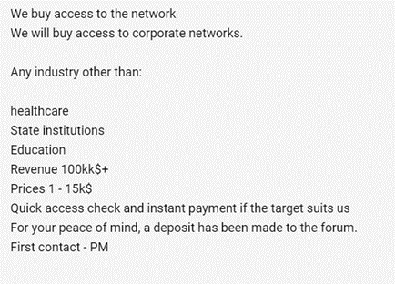 Figure 2. A post from a malicious actor claiming to operate the LV ransomware seeking network access brokers (original language and translated versions)