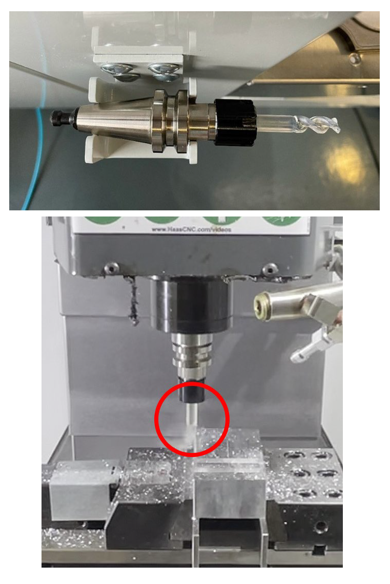 Figure 1. The 3D-printed tool we printed in plastic for our experiment (top), which crashed against the raw material (bottom)