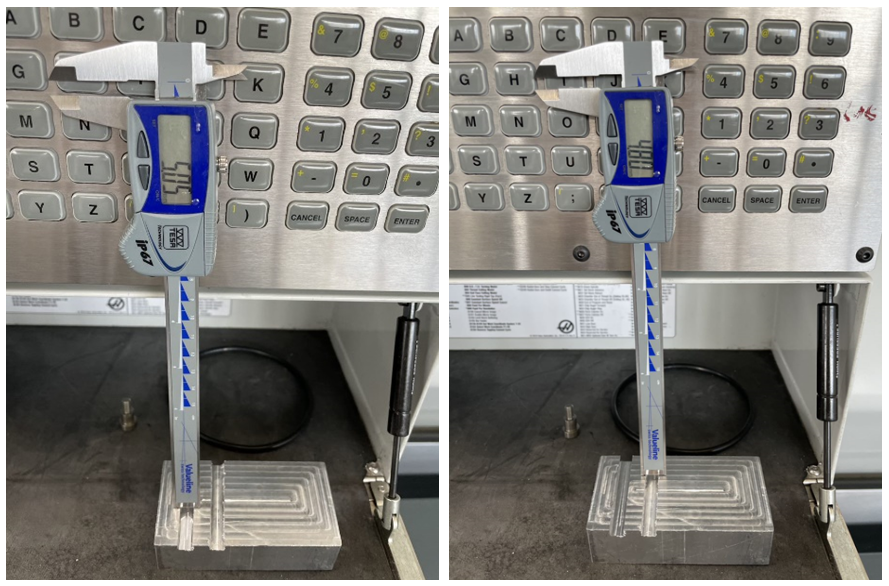 Figure 3. The correct engraving measurement as indicated by the caliper (left) and the defective engraving as shown by the caliper (right)