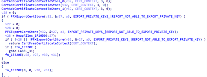 QAKbot calls PFXExportCertStore() for dumping private keys