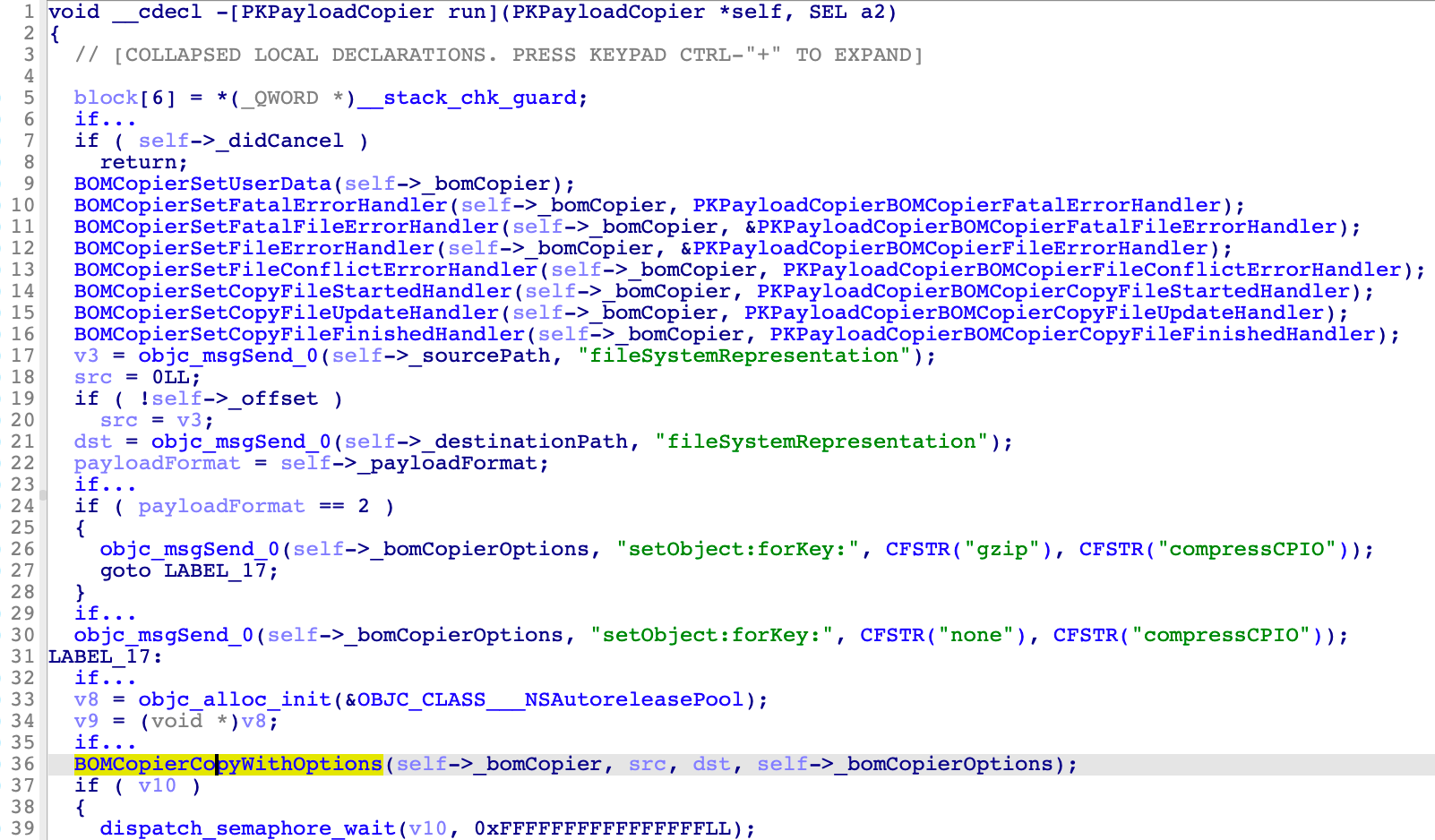 The implementation of the -[PKPayloadCopier run] method