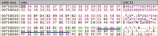 Figure 23. An example of the 32-byte key (top) and the TONESHELL shellcode before decoding (middle) and after decoding (bottom)