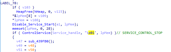 Function used to stop service using parameter 0x01 equivalent to SERVICE_CONTROL_STOP