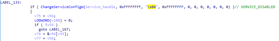 Function used for disabling services using parameter 0x04 equivalent to SERVICE_DISABLED