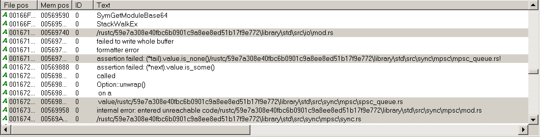 Strings viewed on BinText showing Rust modules/functions used by the binary