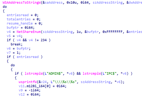 Figure 6. Looking for accessible local IPs then trying to connect to ADMIN$ and IPC$