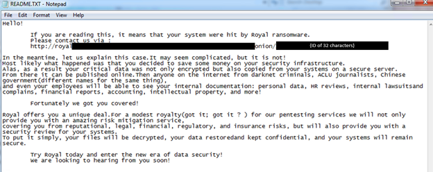 Figure 17. Contents of "README.TXT" with the sample ID we used appended on the TOR link.