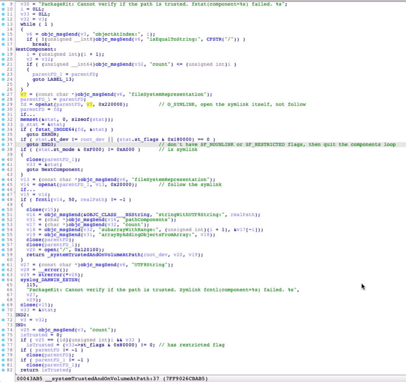 The implementation of the function _systemTrustedAndOnVolumeAtPath