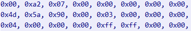 Figure 8. Packet received from the C&C server contains payload length followed by second stage executable binary, with 0x4d 0x5a as PE EXE marker